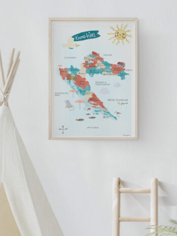 Kroatien-Illustration im Holzrahmen mit Holzleiter und Tipi